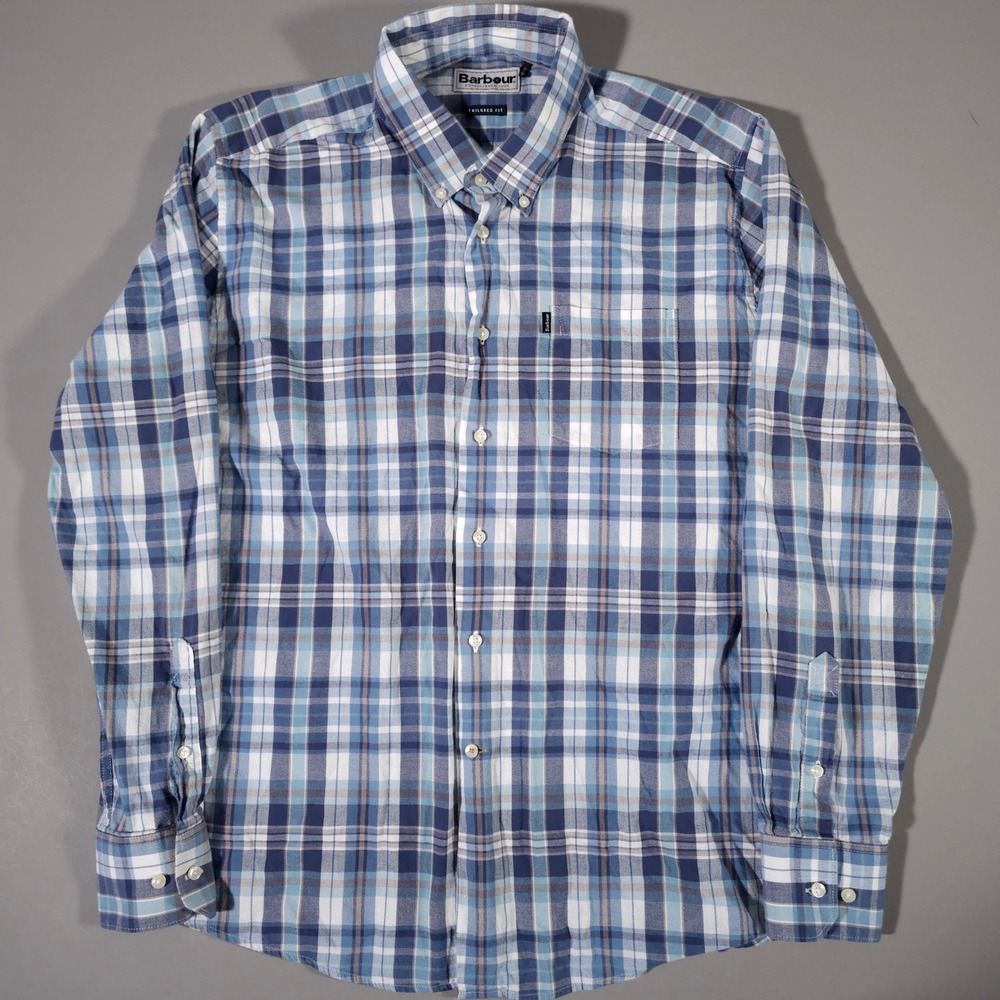 Barbour Orson Button Down Shirt Mens Large Blue Plaid Tailored Fit MSH3621NY91
